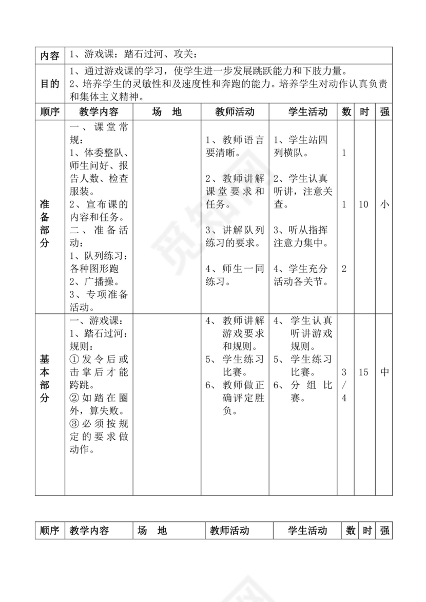 白色简洁体育教案学校老师教学教案模板