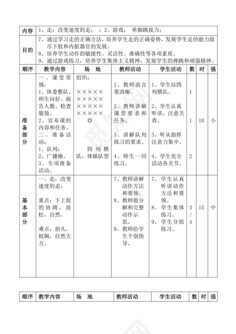 白色简洁体育教案学校老师教学教案模板