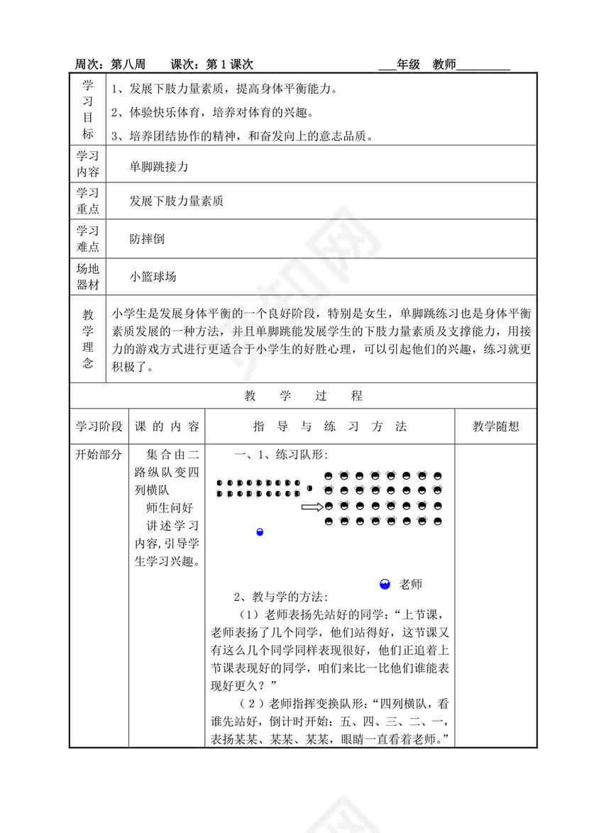 白色简洁小学体育教案学校老师教学教案模板