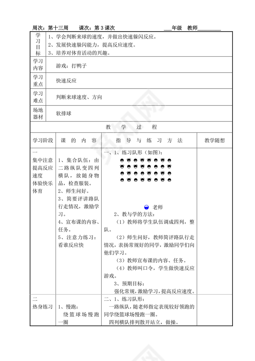 白色简洁小学体育教案学校老师教学教案模板