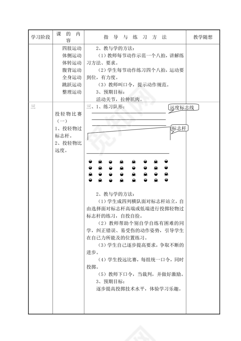 白色简洁小学体育教案学校老师教学教案模板
