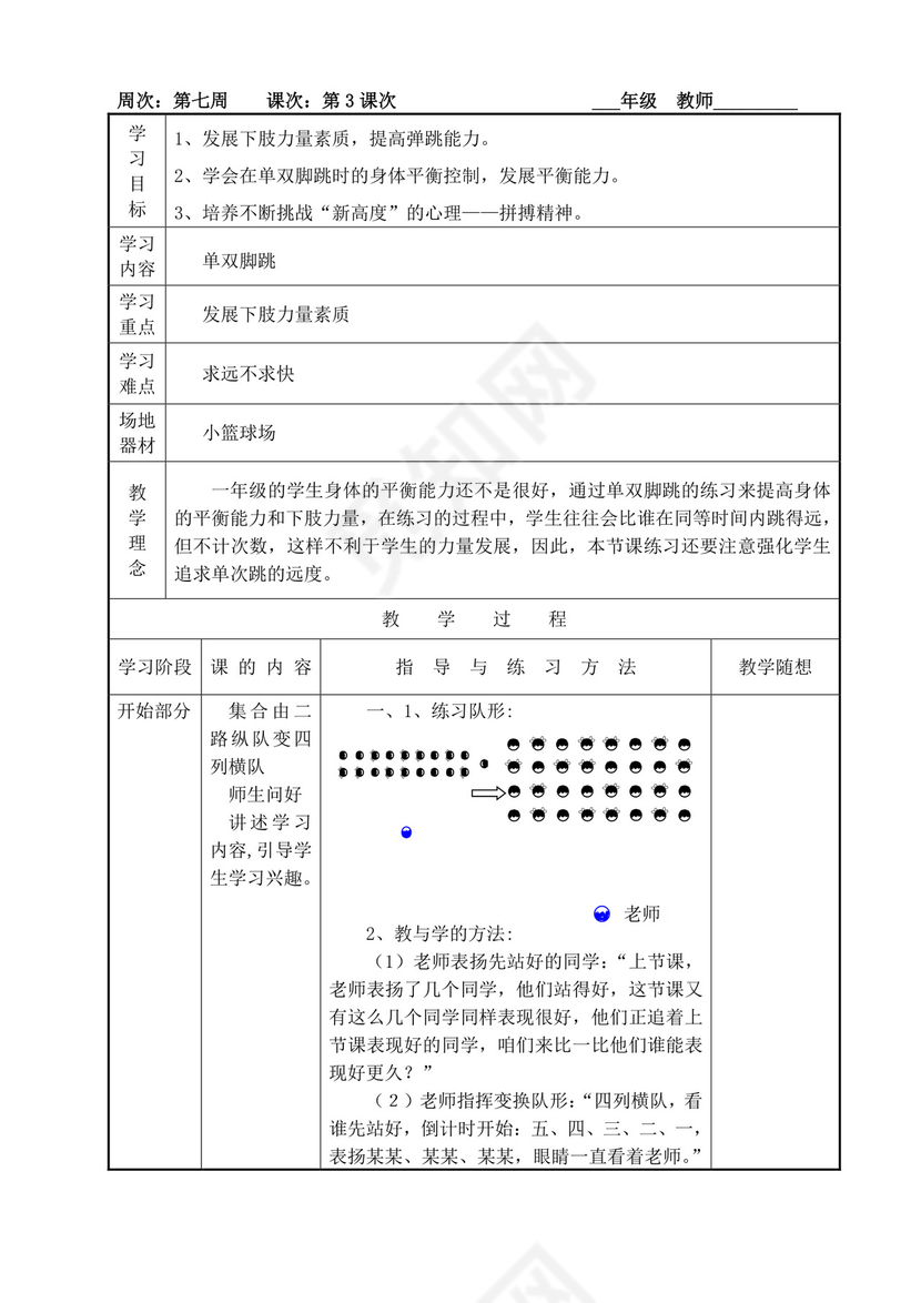 白色简洁小学体育教案学校老师教学教案模板