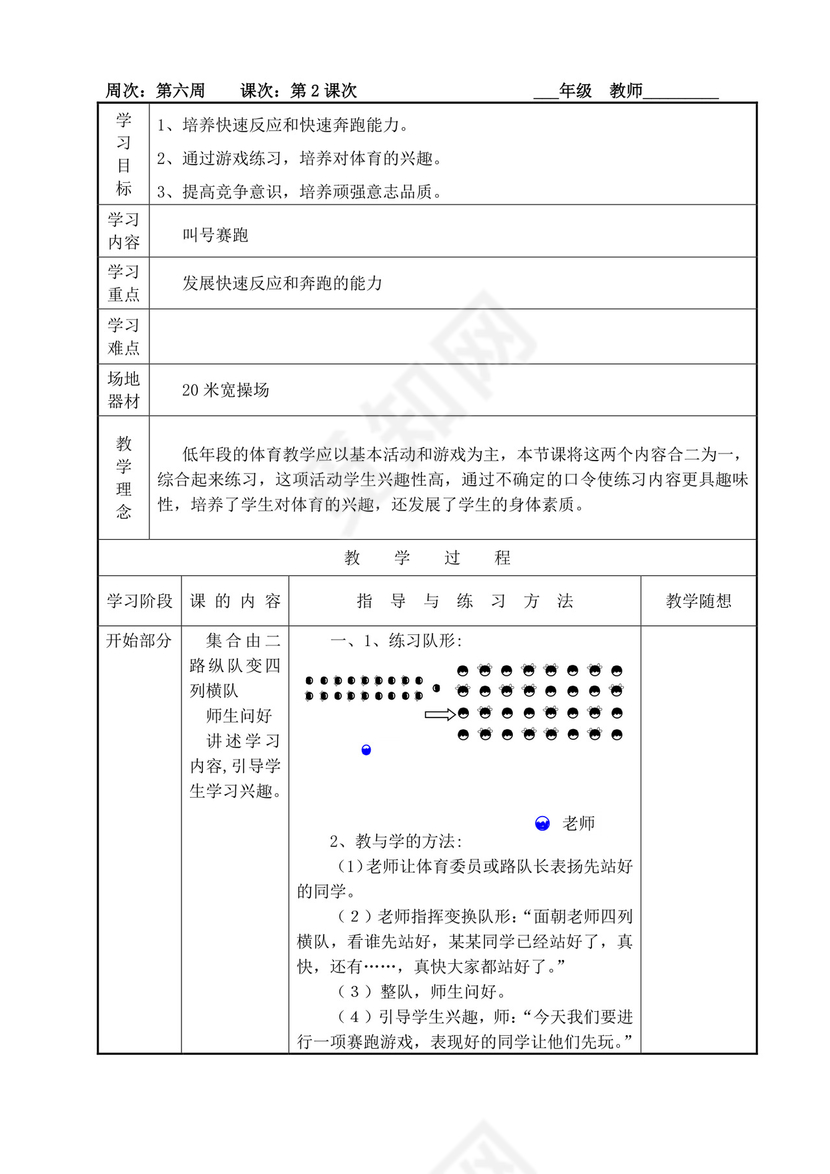 白色简洁小学体育教案学校老师教学教案模板