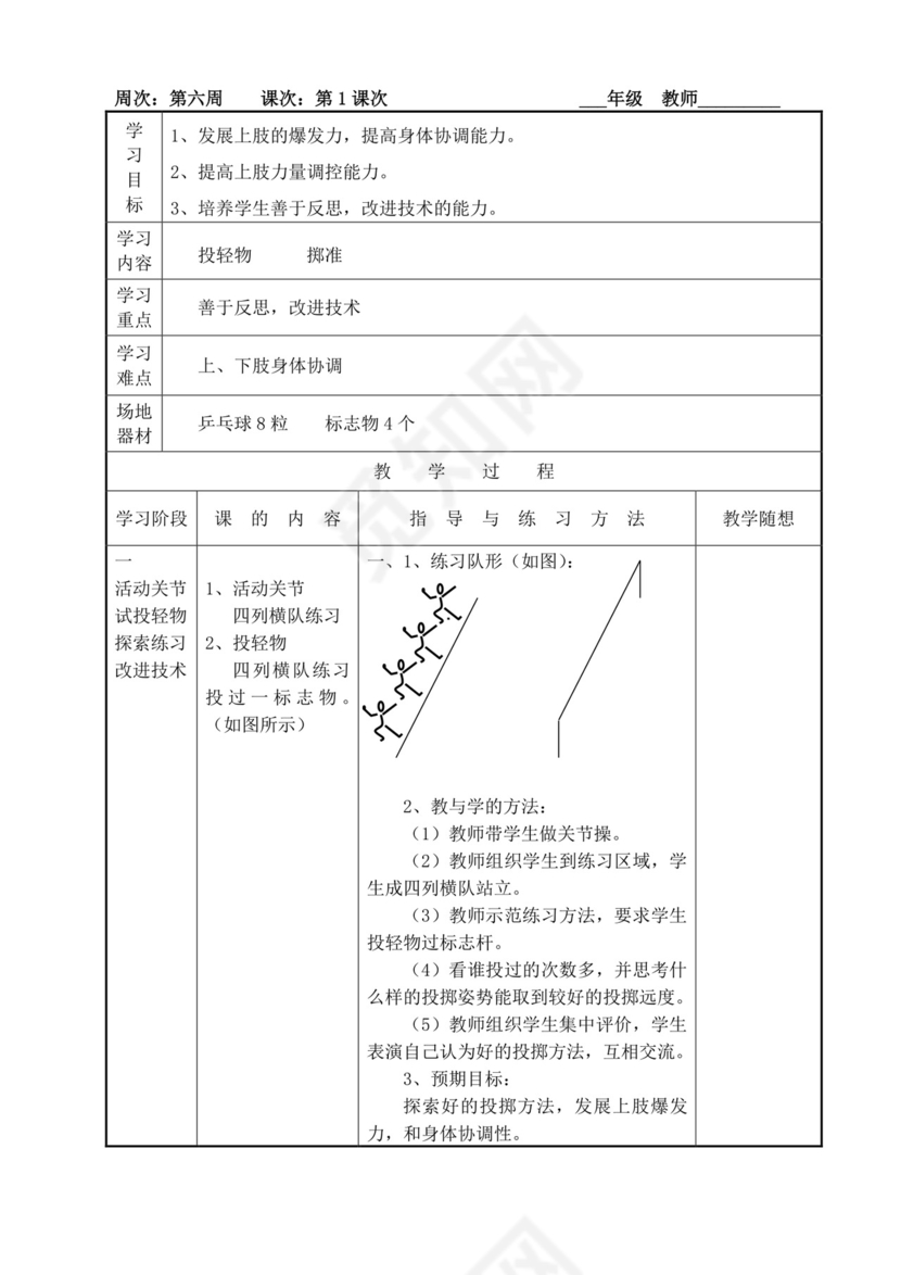 白色简洁小学体育教案学校老师教学教案模板