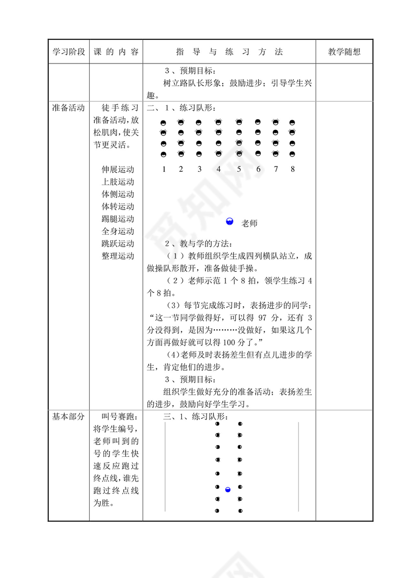 白色简洁小学体育教案学校老师教学教案模板