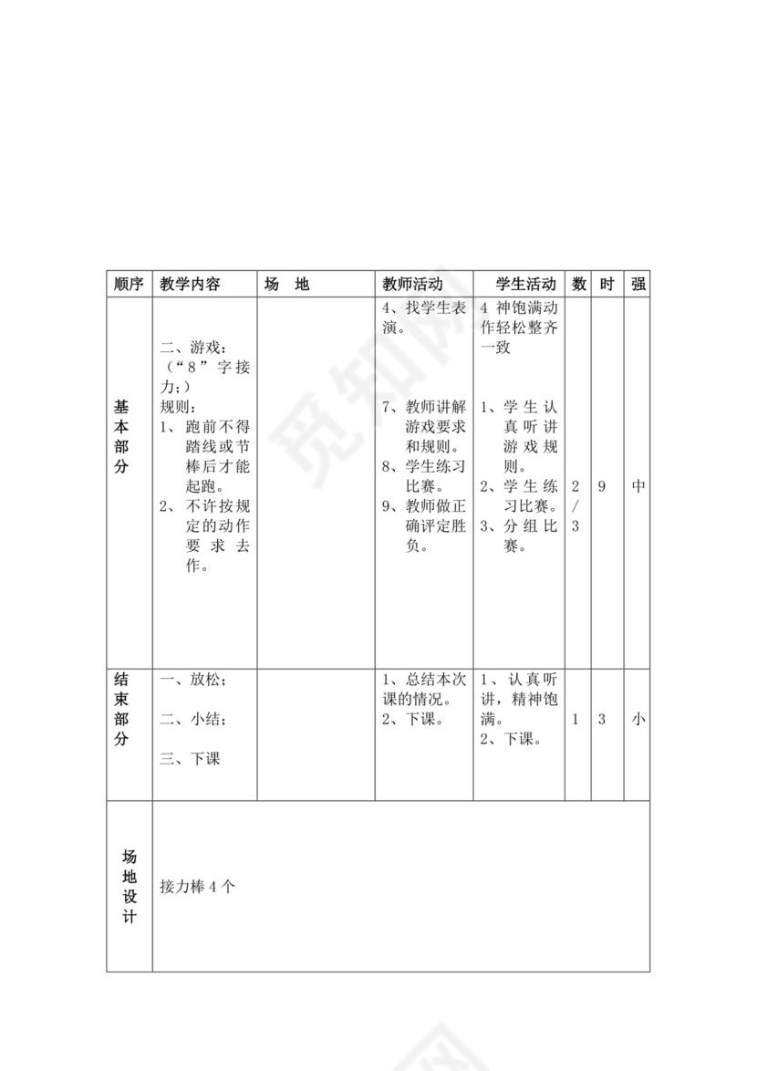 白色简洁小学体育教案学校教师教学教案模板