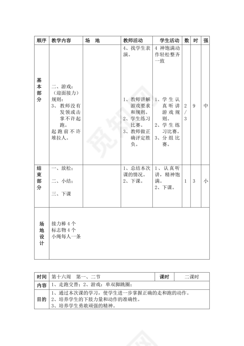 白色简洁小学体育教案学校教师教学教案模板