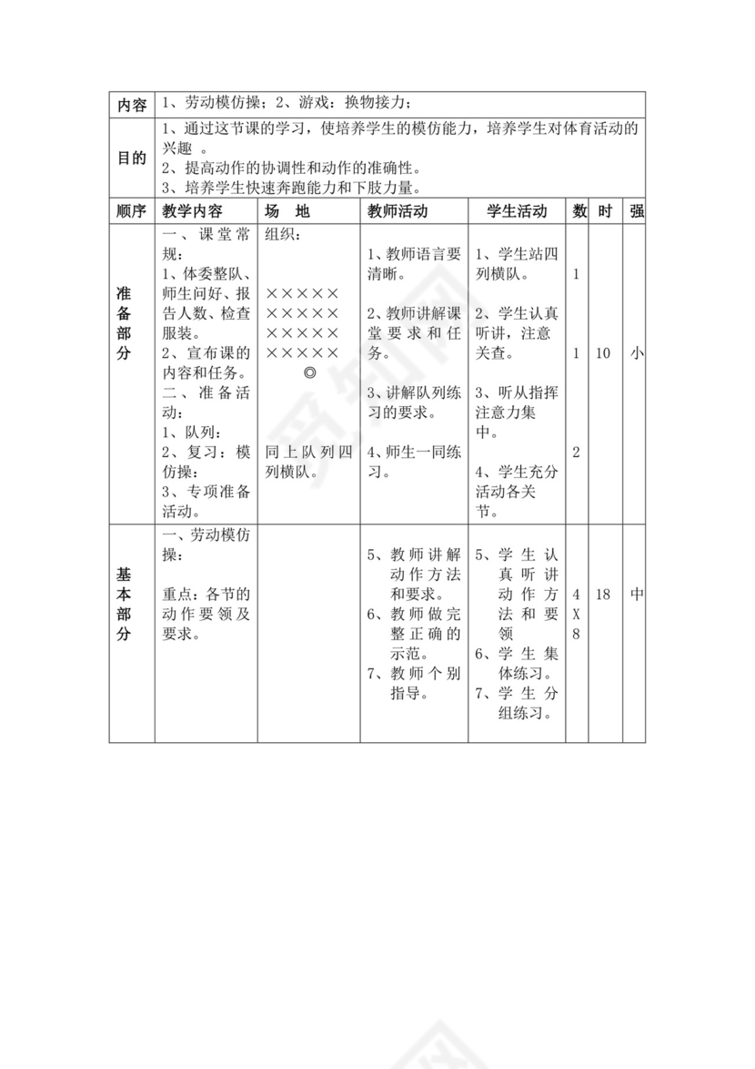 白色简洁小学体育教案学校教师教学教案模板