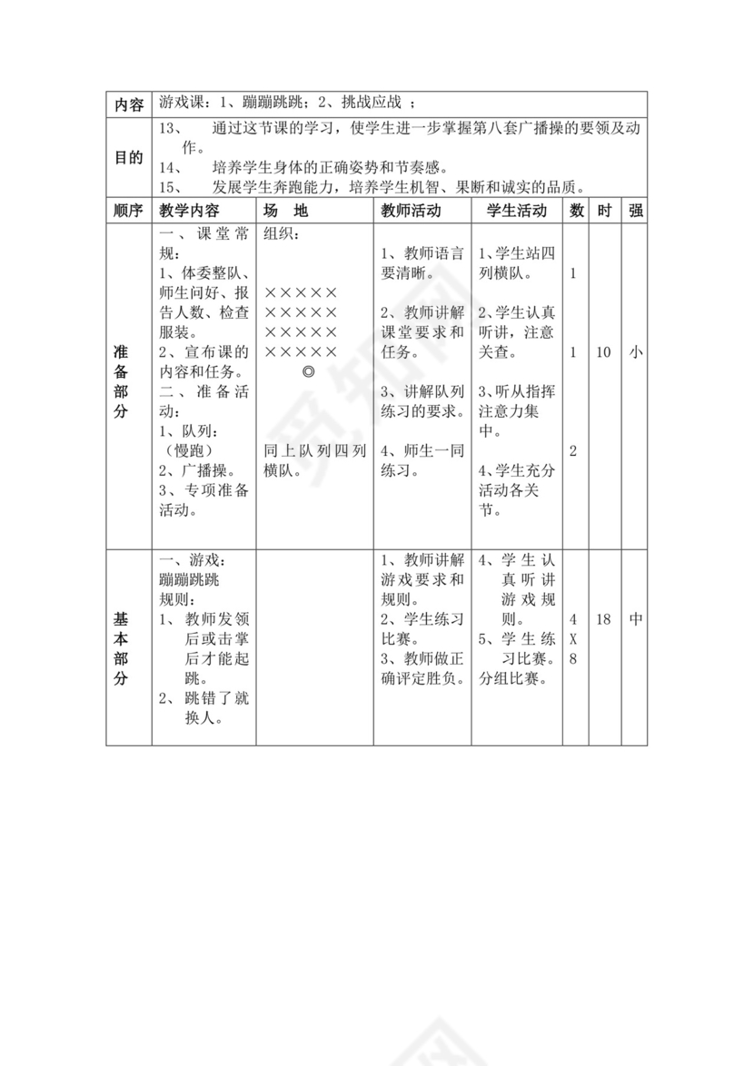 白色简洁小学体育教案学校教师教学教案模板