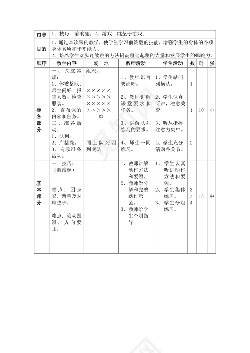 白色简洁小学体育教案学校教师教学教案模板