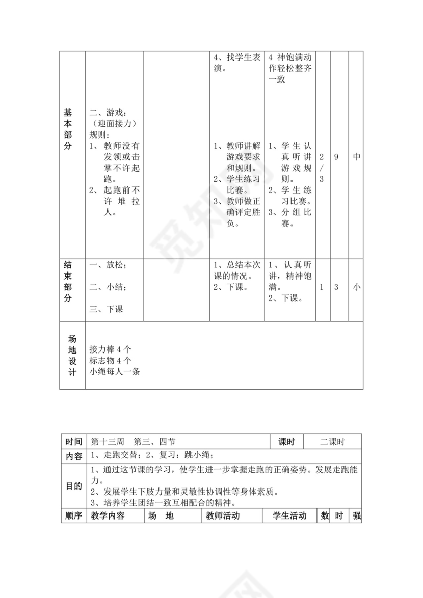 白色简洁小学体育教案学校教师教学教案模板