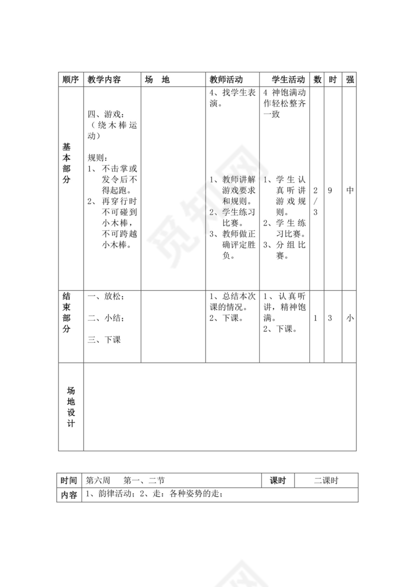 白色简洁小学体育教案学校教师教学教案模板