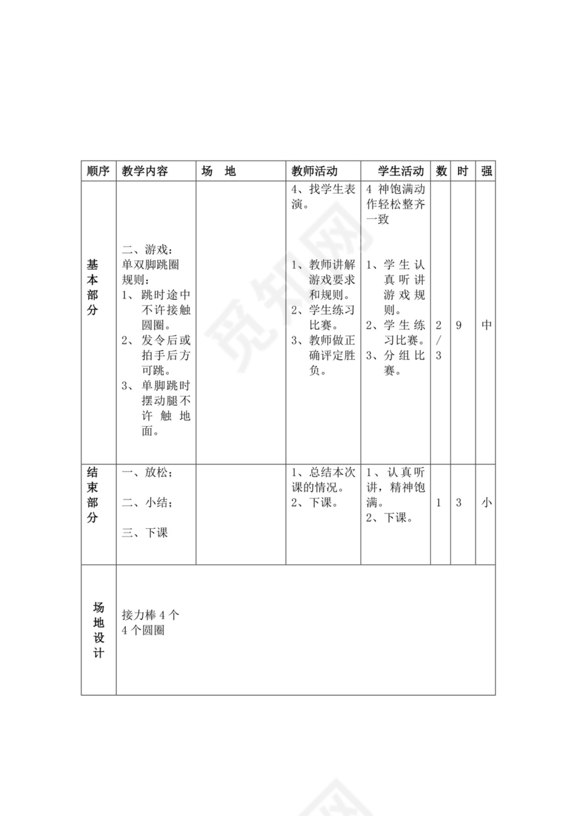 白色简洁小学体育教案学校教师教学教案模板