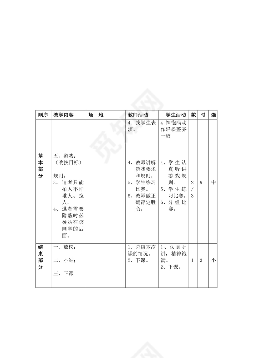 白色简洁小学体育教案学校教师教学教案模板
