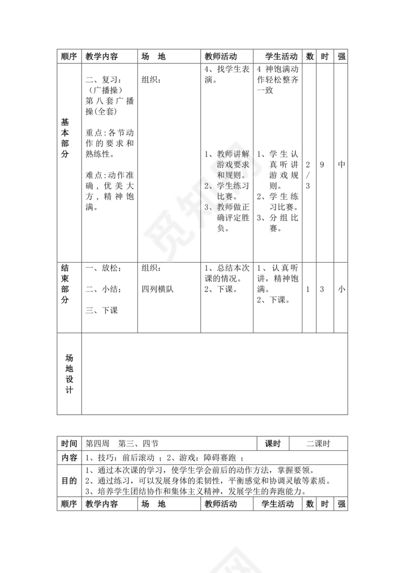 白色简洁小学体育教案学校教师教学教案模板