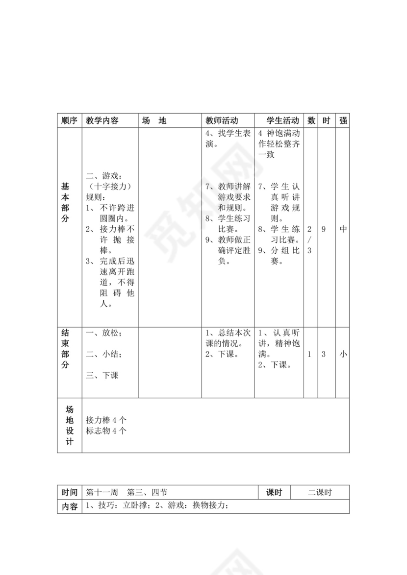 白色简洁小学体育教案学校教师教学教案模板