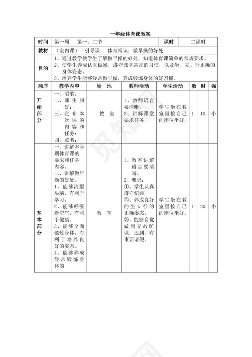 白色简洁小学体育教案学校教师教学教案模板
