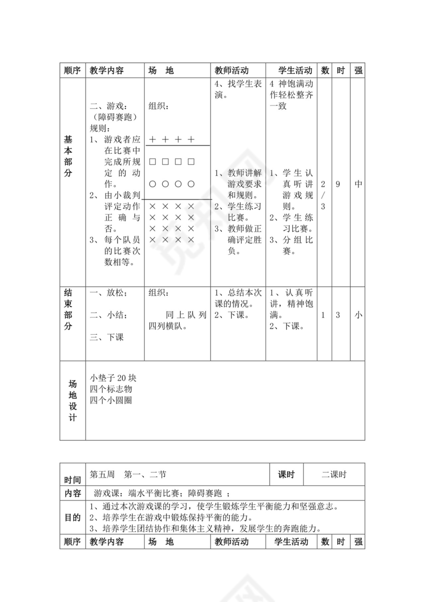 白色简洁小学体育教案学校教师教学教案模板