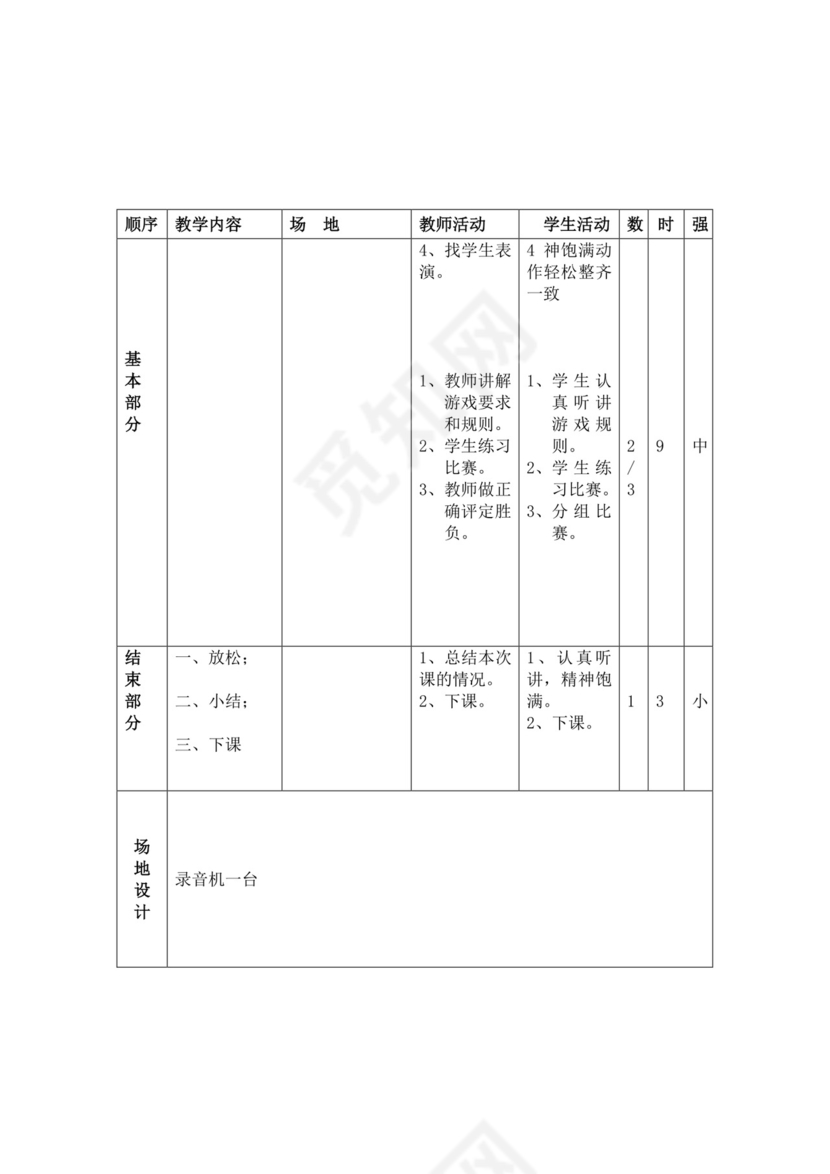 白色简洁小学体育教案学校教师教学教案模板
