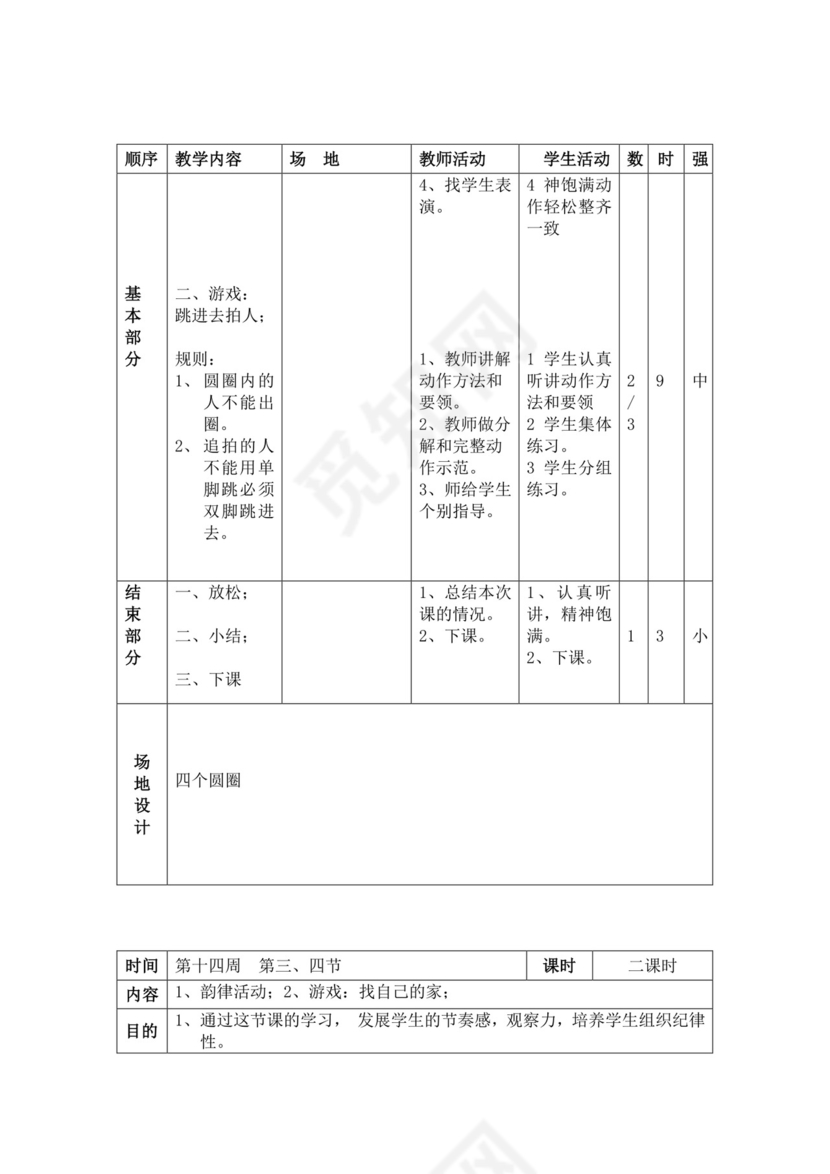 白色简洁小学体育教案学校教师教学教案模板