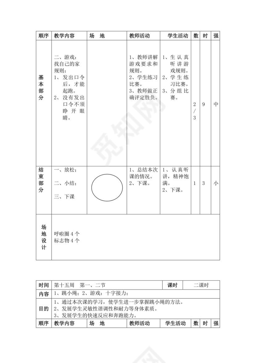 白色简洁小学体育教案学校教师教学教案模板