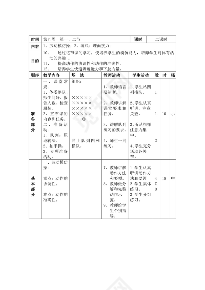 白色简洁小学体育教案学校教师教学教案模板