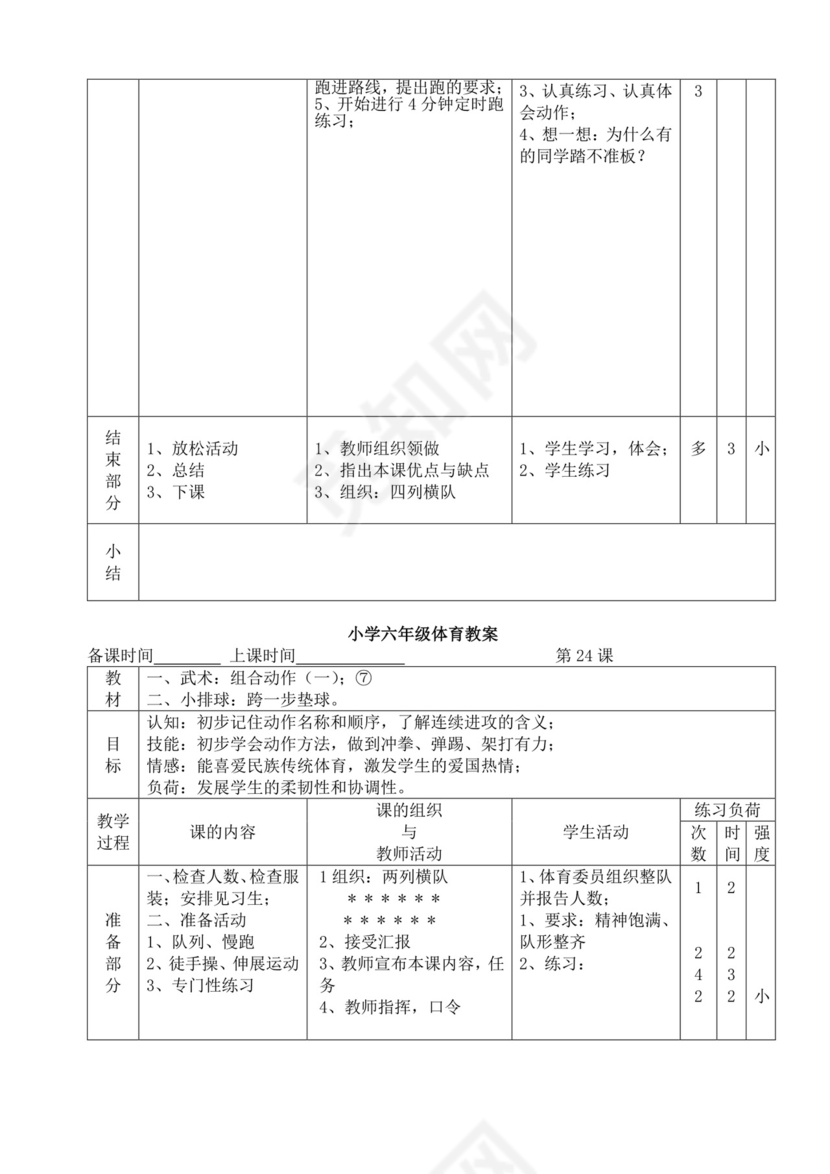 白色简洁小学体育教案学校教师教学教案模板