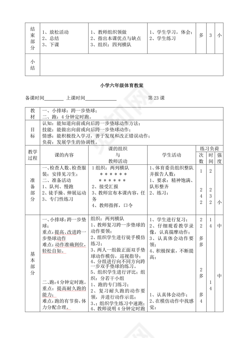 白色简洁小学体育教案学校教师教学教案模板