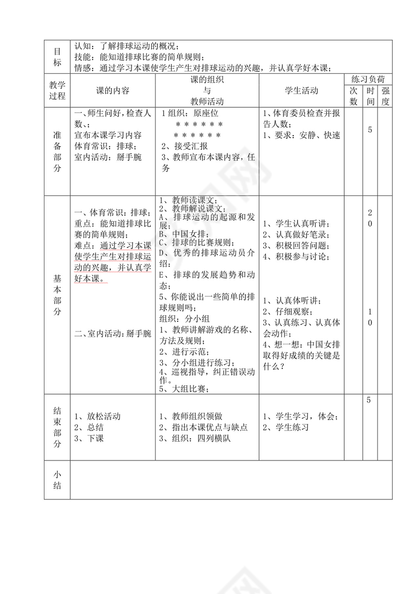 白色简洁小学体育教案学校教师教学教案模板