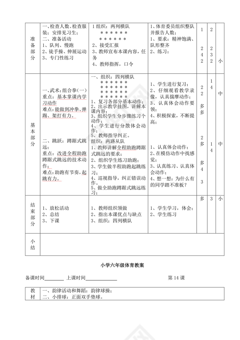 白色简洁小学体育教案学校教师教学教案模板