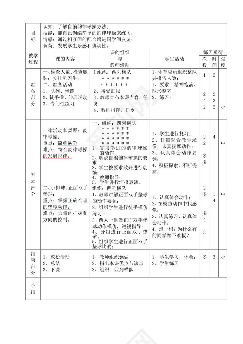 白色简洁小学体育教案学校教师教学教案模板