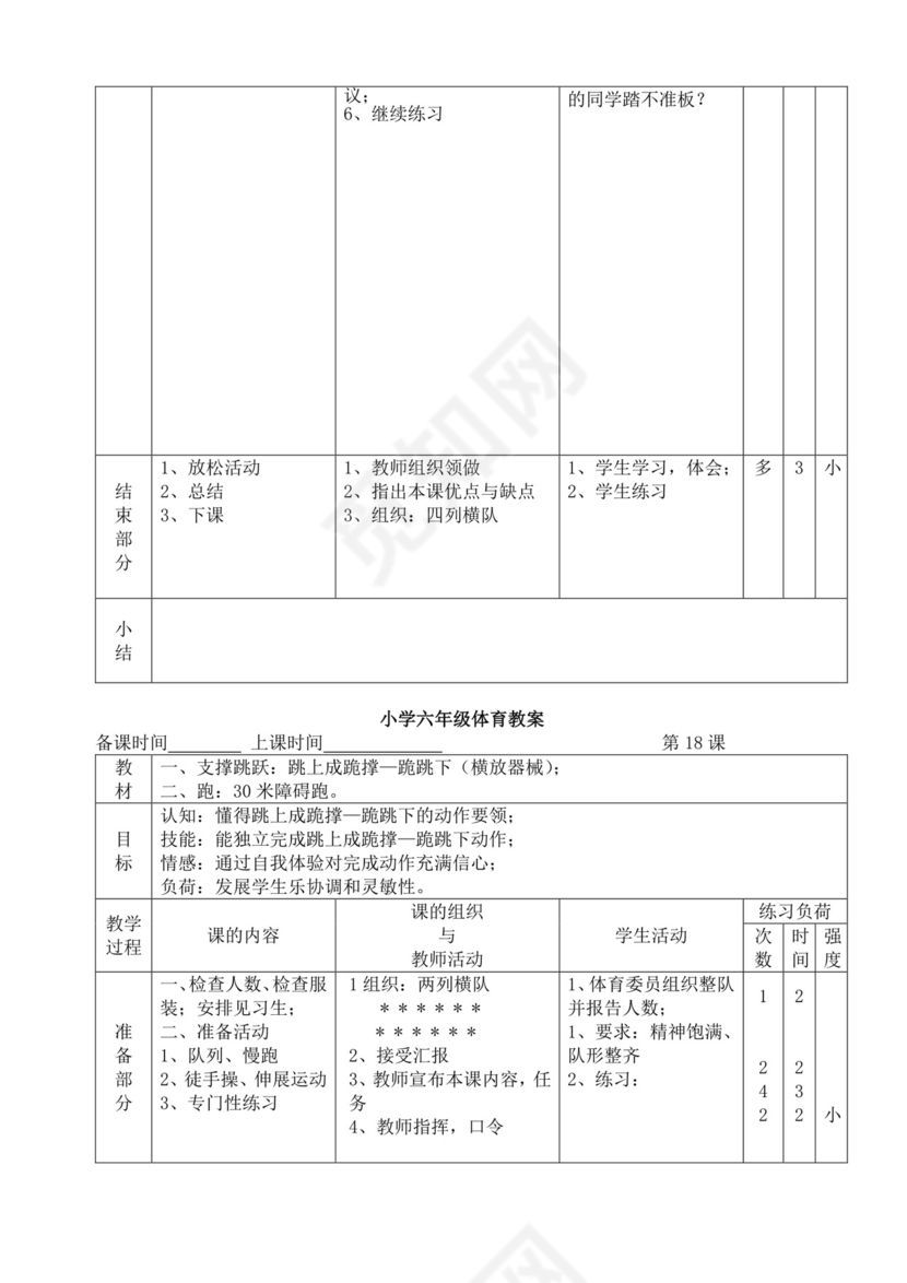 白色简洁小学体育教案学校教师教学教案模板