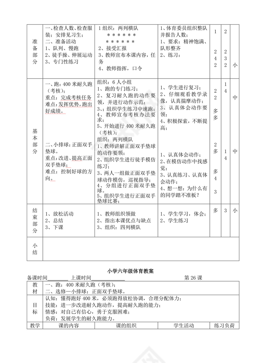 白色简洁小学体育教案学校教师教学教案模板