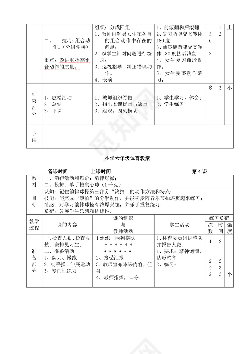白色简洁小学体育教案学校教师教学教案模板