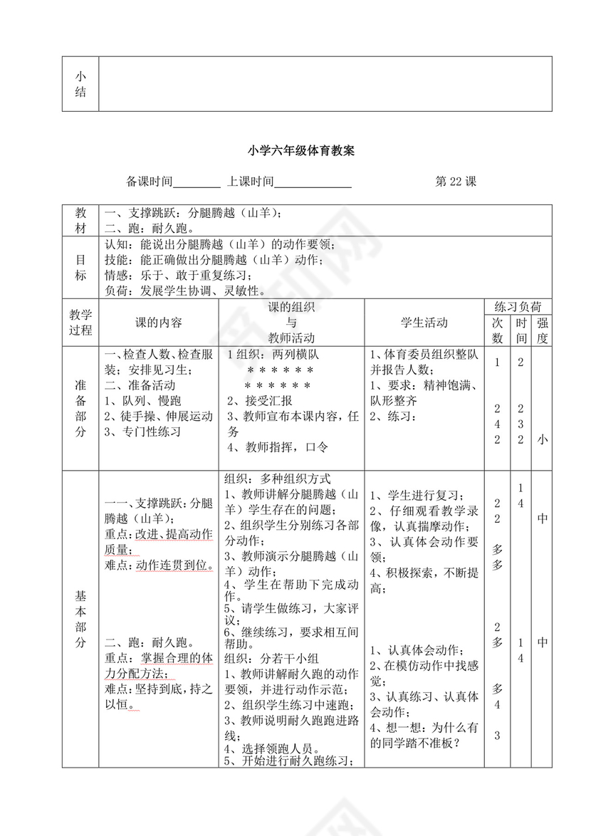白色简洁小学体育教案学校教师教学教案模板