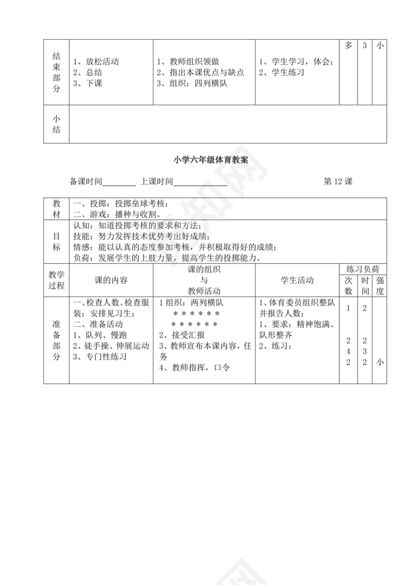 白色简洁小学体育教案学校教师教学教案模板
