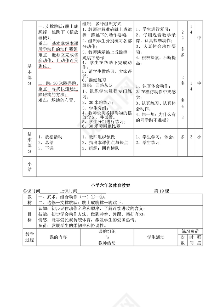 白色简洁小学体育教案学校教师教学教案模板