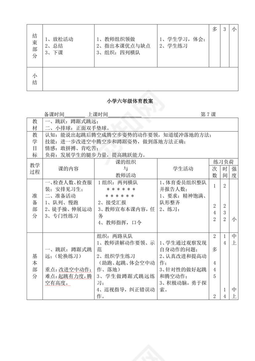 白色简洁小学体育教案学校教师教学教案模板