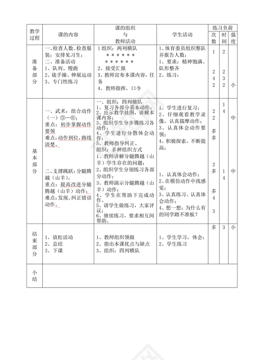 白色简洁小学体育教案学校教师教学教案模板