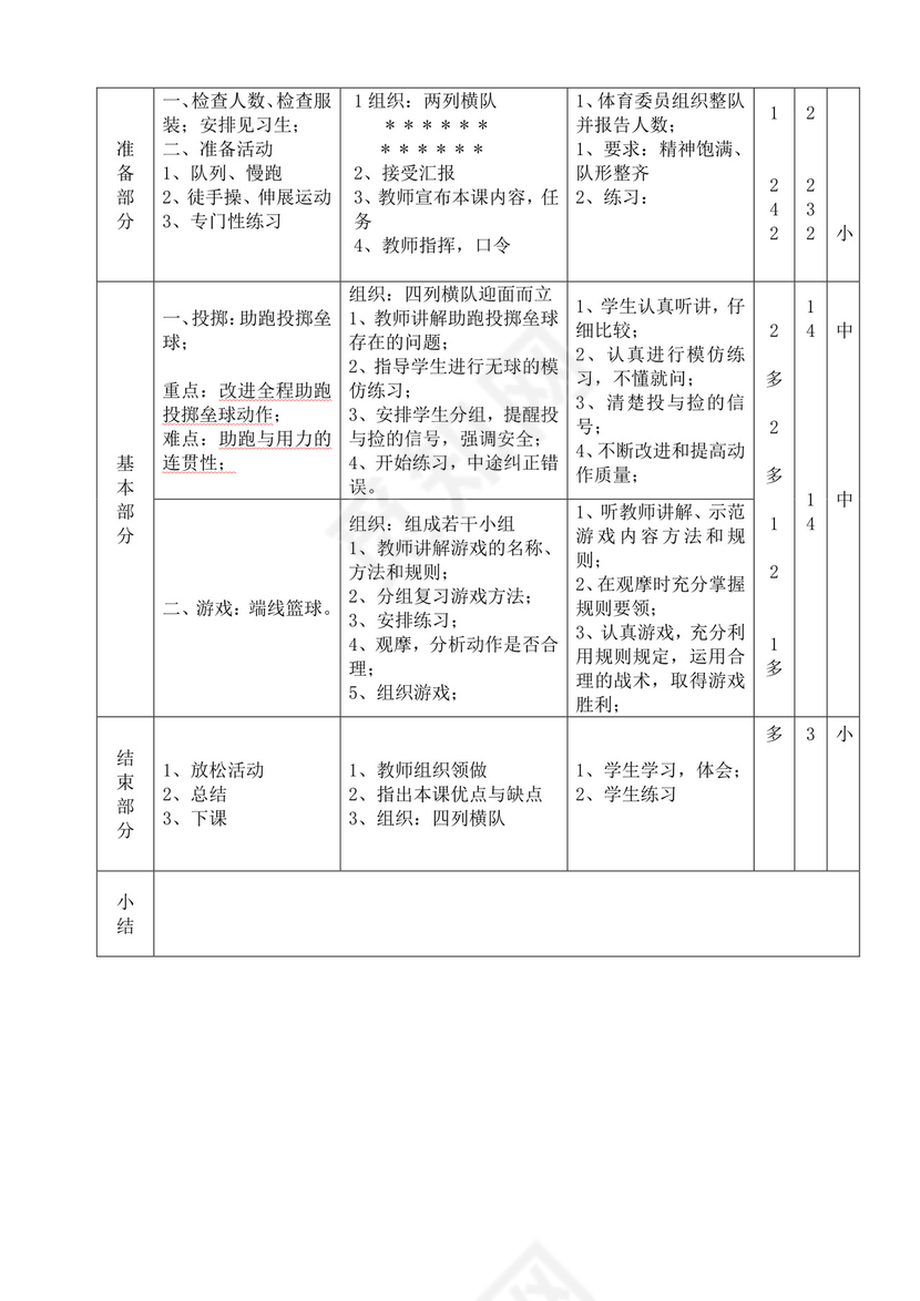 白色简洁小学体育教案学校教师教学教案模板