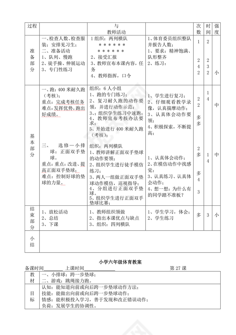 白色简洁小学体育教案学校教师教学教案模板