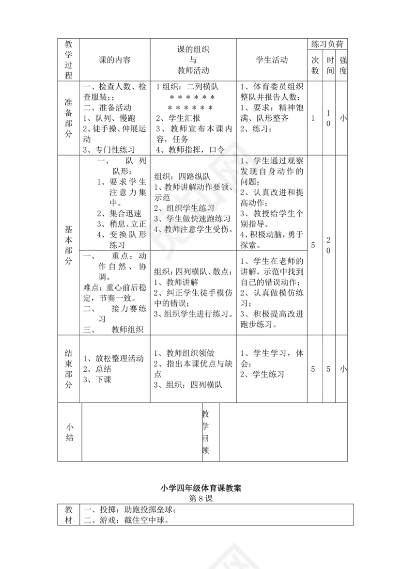 白色简洁小学体育教案学校教师教学教案模板