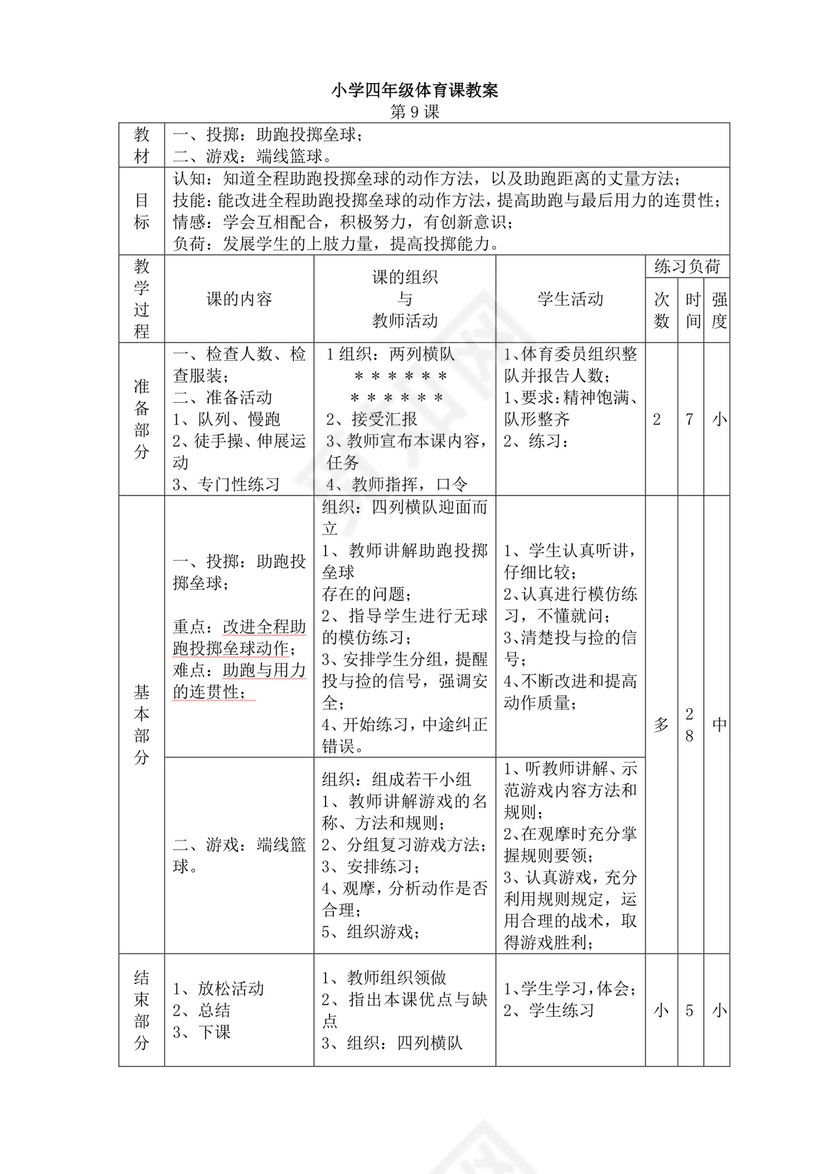白色简洁小学体育教案学校教师教学教案模板
