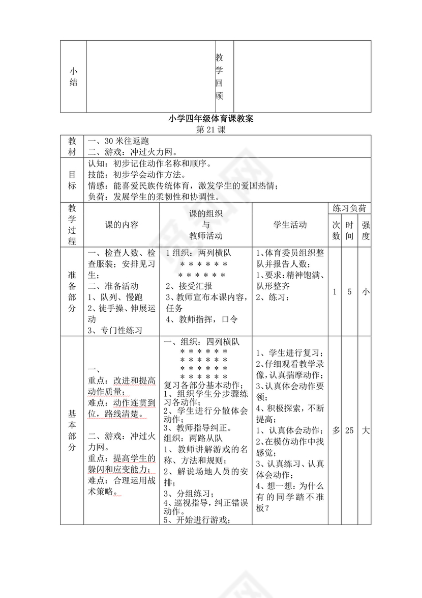白色简洁小学体育教案学校教师教学教案模板