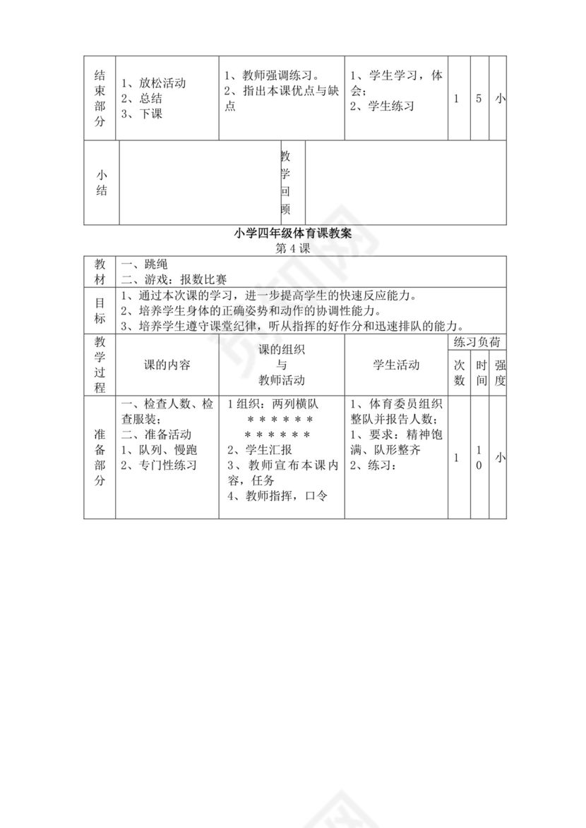白色简洁小学体育教案学校教师教学教案模板