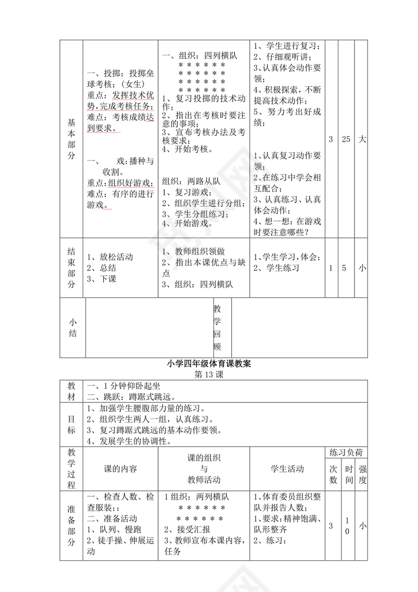 白色简洁小学体育教案学校教师教学教案模板