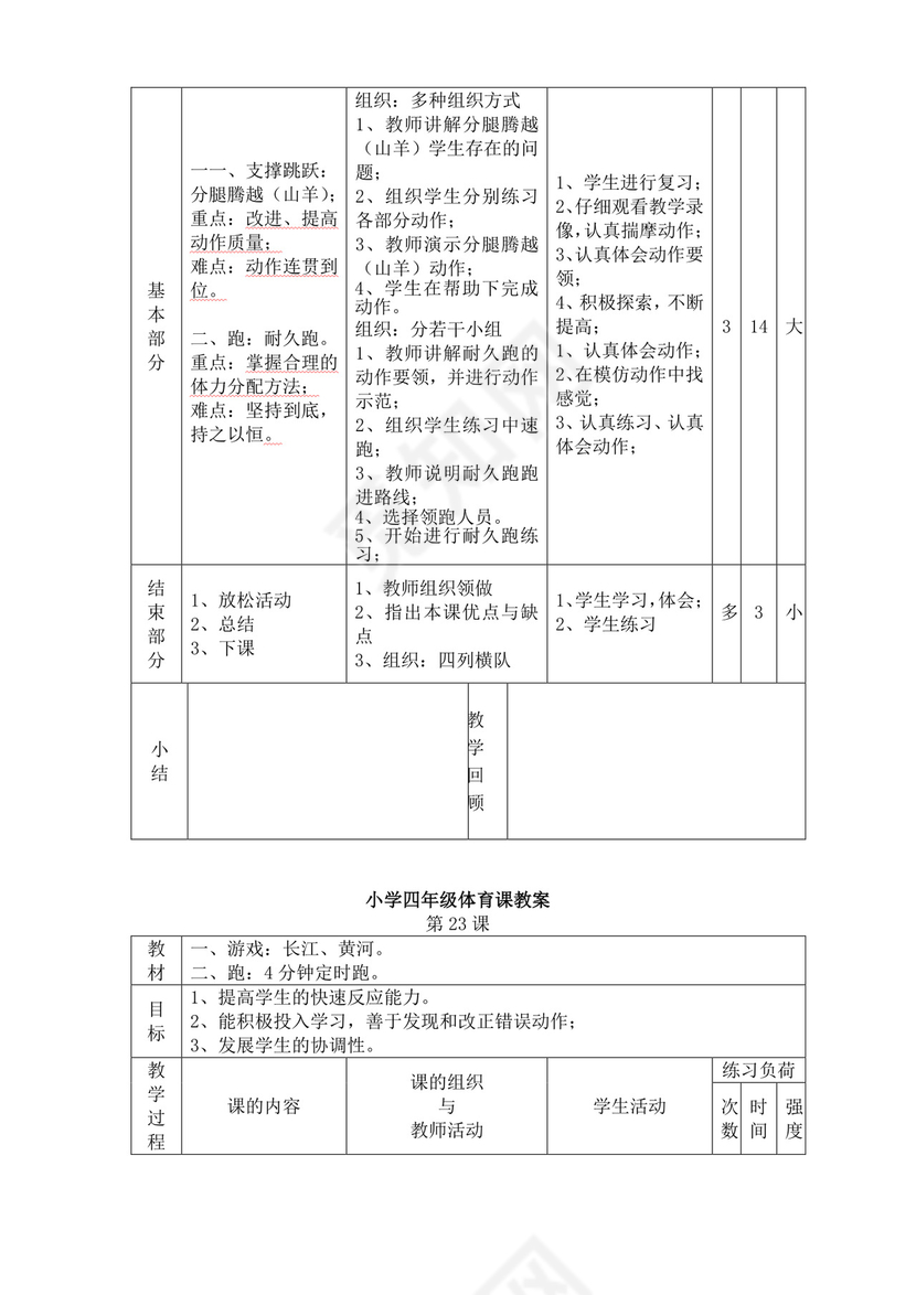 白色简洁小学体育教案学校教师教学教案模板