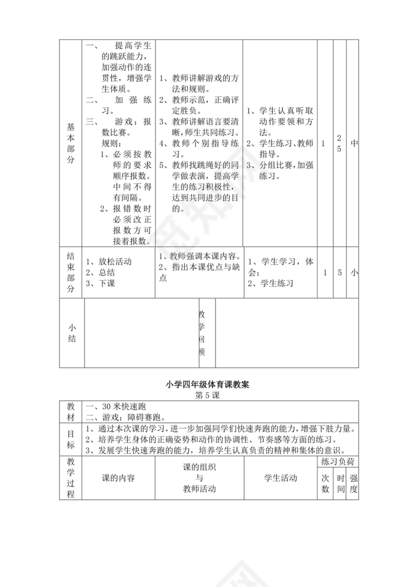 白色简洁小学体育教案学校教师教学教案模板