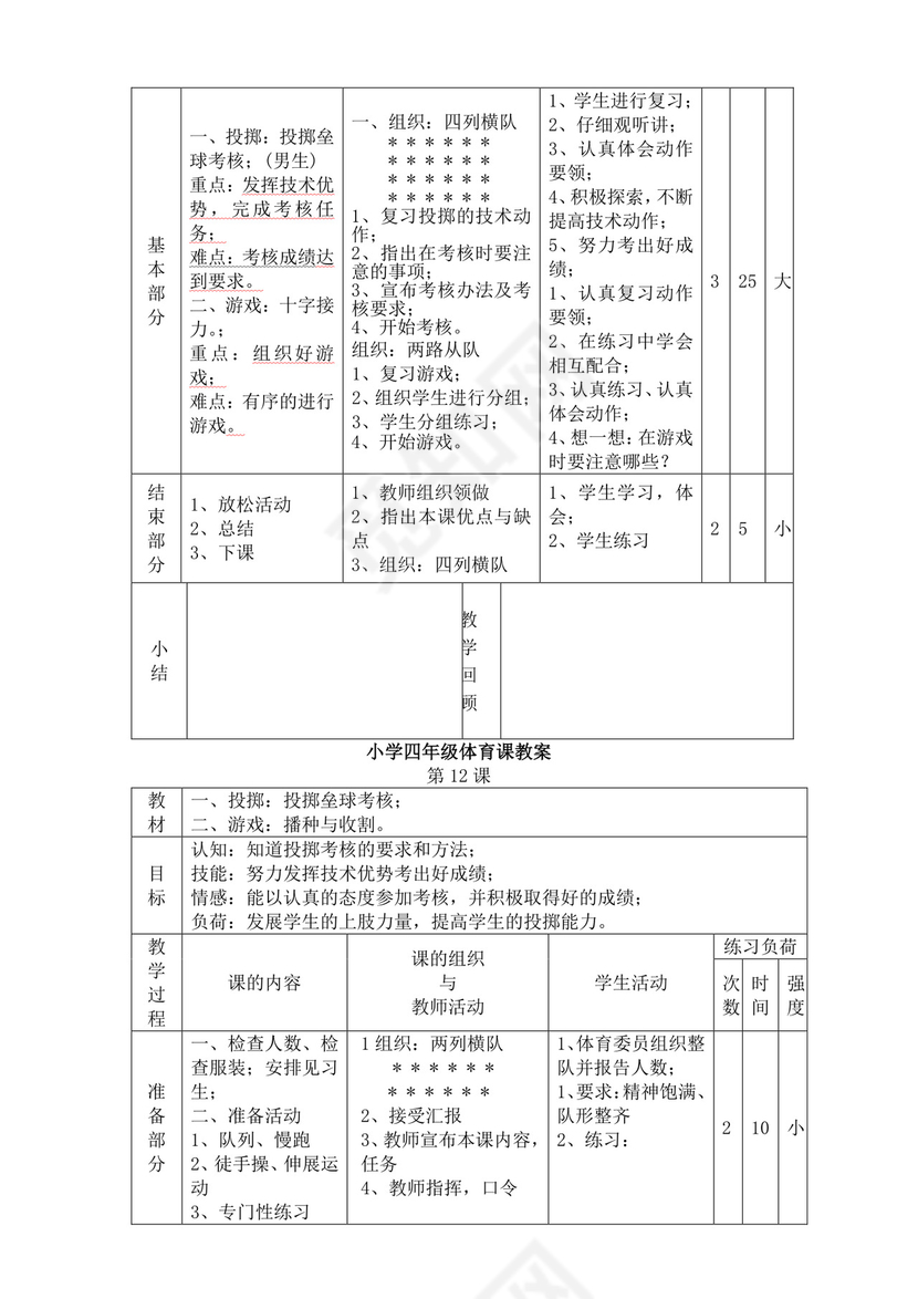 白色简洁小学体育教案学校教师教学教案模板