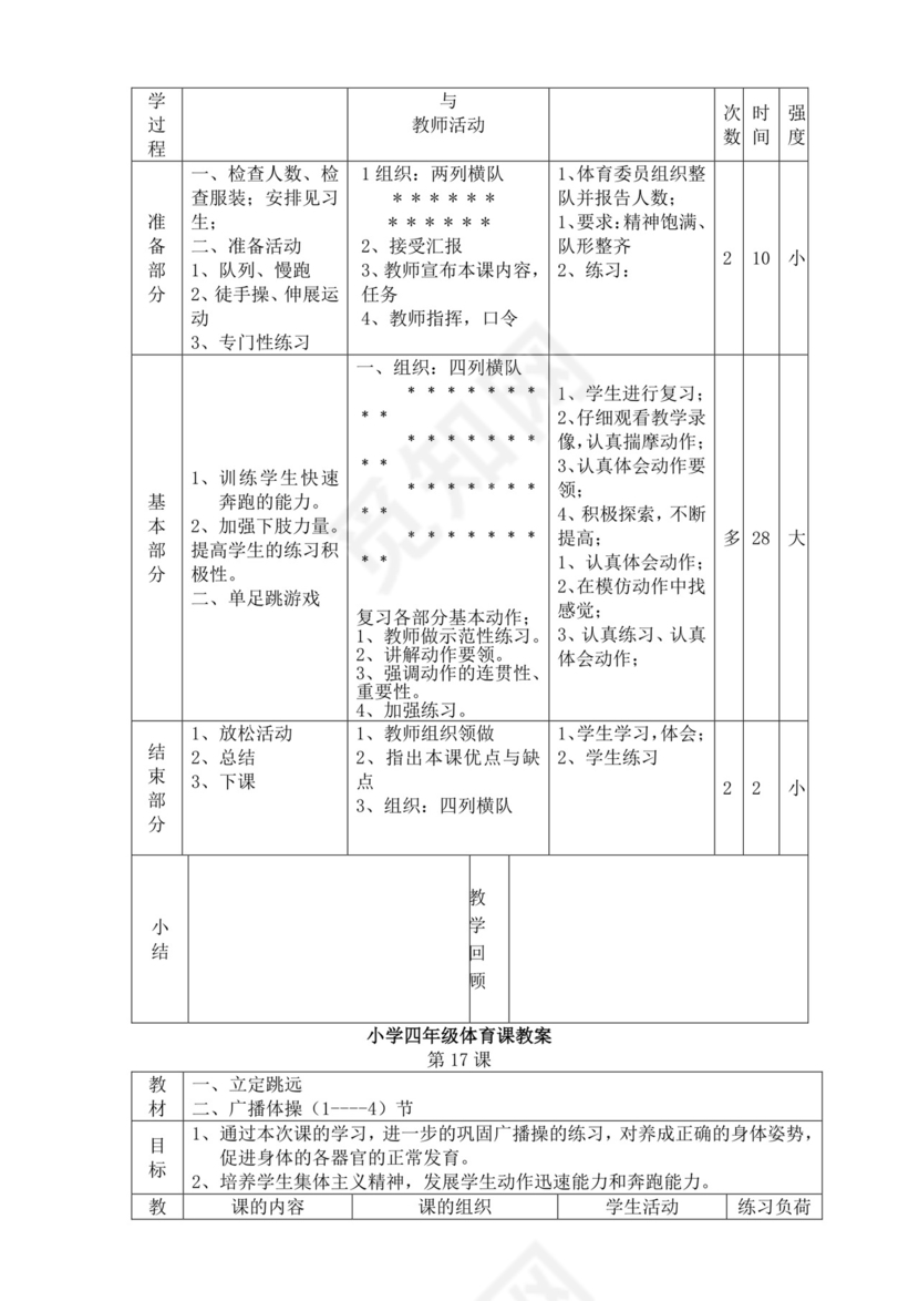 白色简洁小学体育教案学校教师教学教案模板
